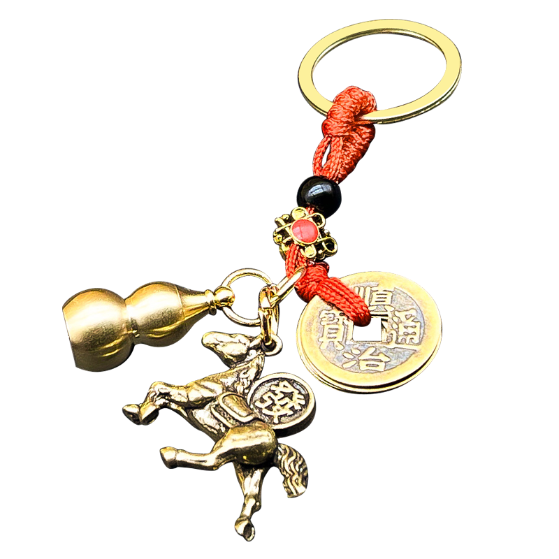 黃銅馬上有錢鑰匙扣掛件復(fù)古風(fēng)五帝錢銅葫蘆汽車鑰匙鏈隨身掛飾