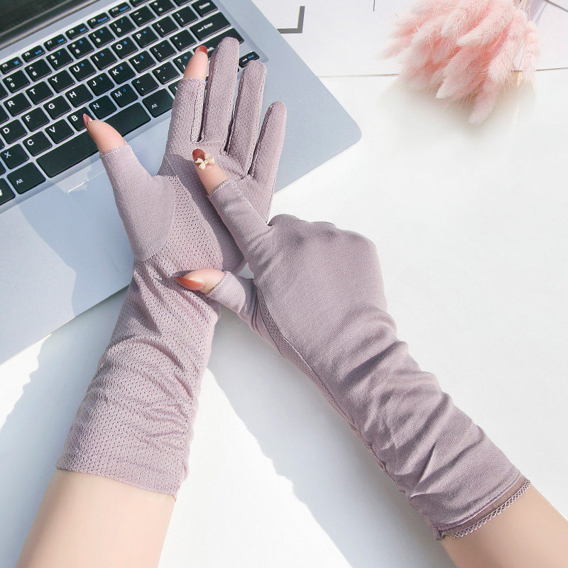防晒手套女防紫外线夏季露两指触屏中长款开车骑行防滑薄款棉透气