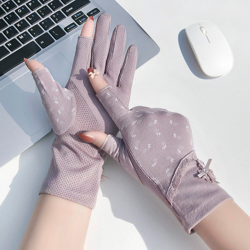 露二指触屏防晒手套夏骑电动车女防紫外线开车防滑薄款透气棉遮阳