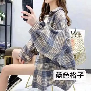 幽衣梦服饰店2023春秋ins港味通勤宽松磨毛加厚格子衬衫外套女。