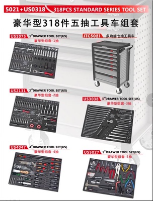 深圳鑫沙容达JTC5021多功能七抽工具车组加318件五抽工具车箱组套