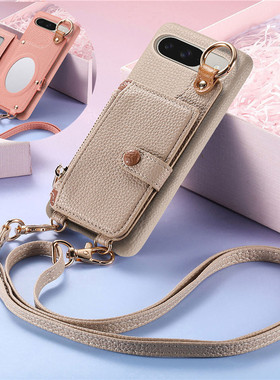 pixel8pro case适用谷歌pixel8a手机壳带卡包googlepixel9proXL电话套斜挎长绳荔枝纹谷歌9pro带镜子PC硬边框