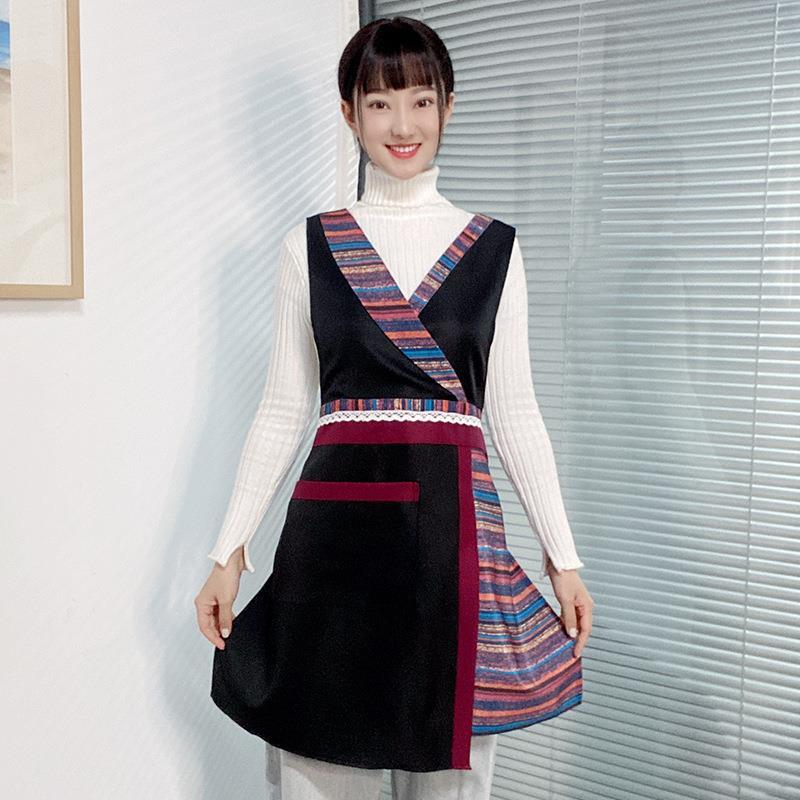 ALJ6复古特色民族风女围裙餐厅餐饮养生馆服务员背带围腰工作服