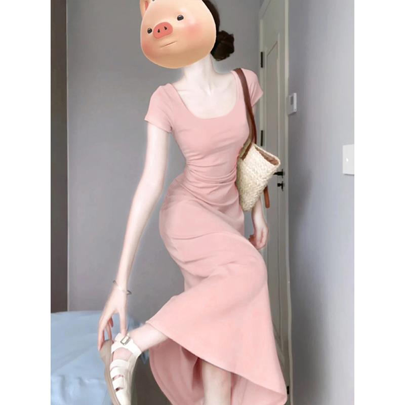绿色收连衣裙小妈修身包臀裙a型长裙掐腰裙子女夏日穿搭A字裙夏季