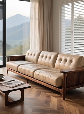 新中式北美黑胡桃木布艺沙发三人位直排艺术时尚现代实木家具定制