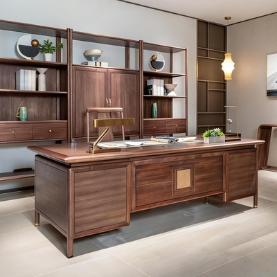 新中式北美黑胡桃实木大班台定制