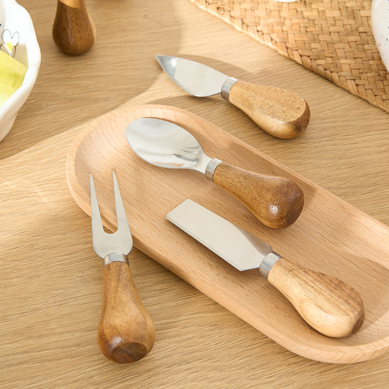 户外便携木柄不锈钢露营刀叉勺烘焙黄油刀抹刀套装水果叉小饭勺子