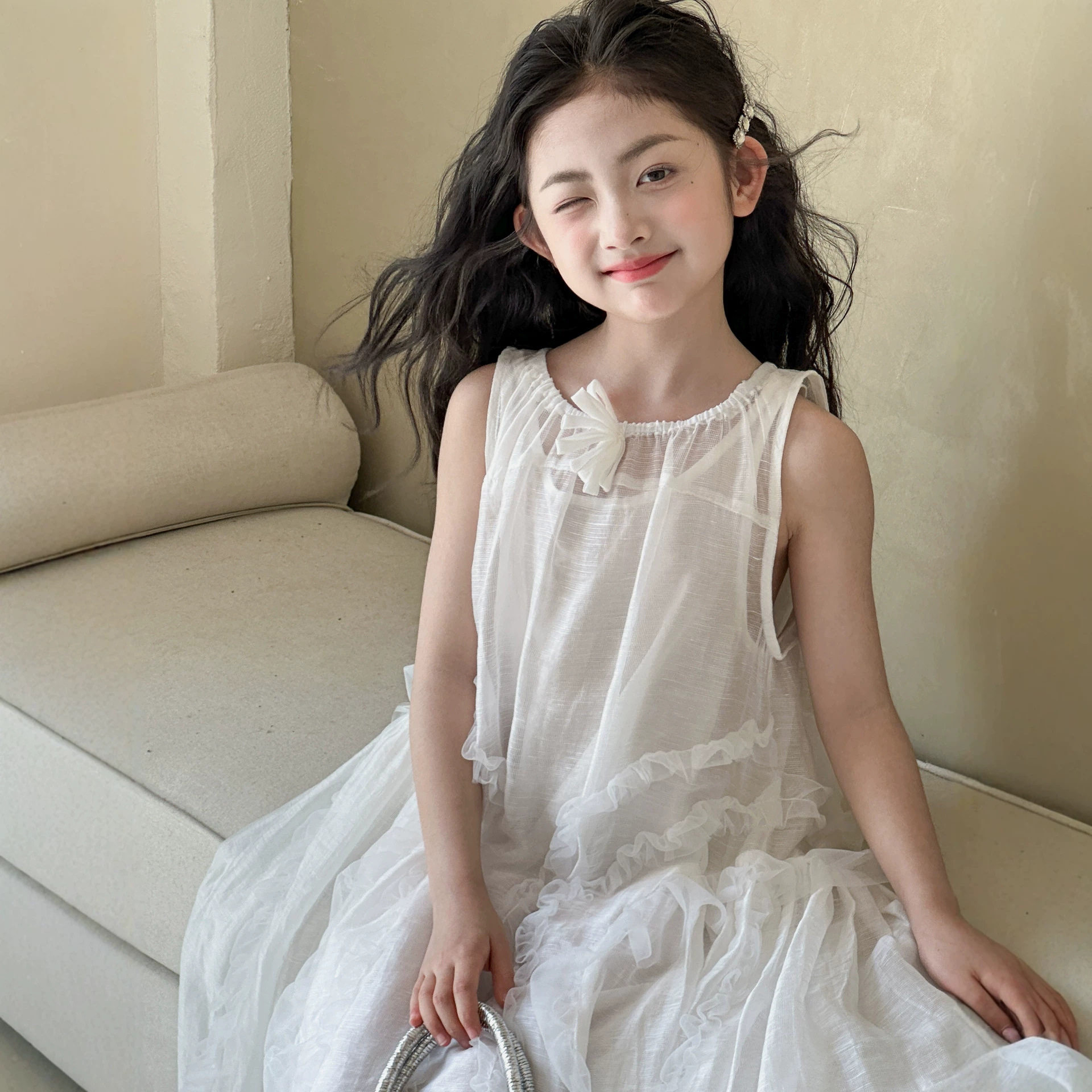 小红鱼女童棉麻背心裙套装夏装2026新款韩国童装独特亲子装连衣裙