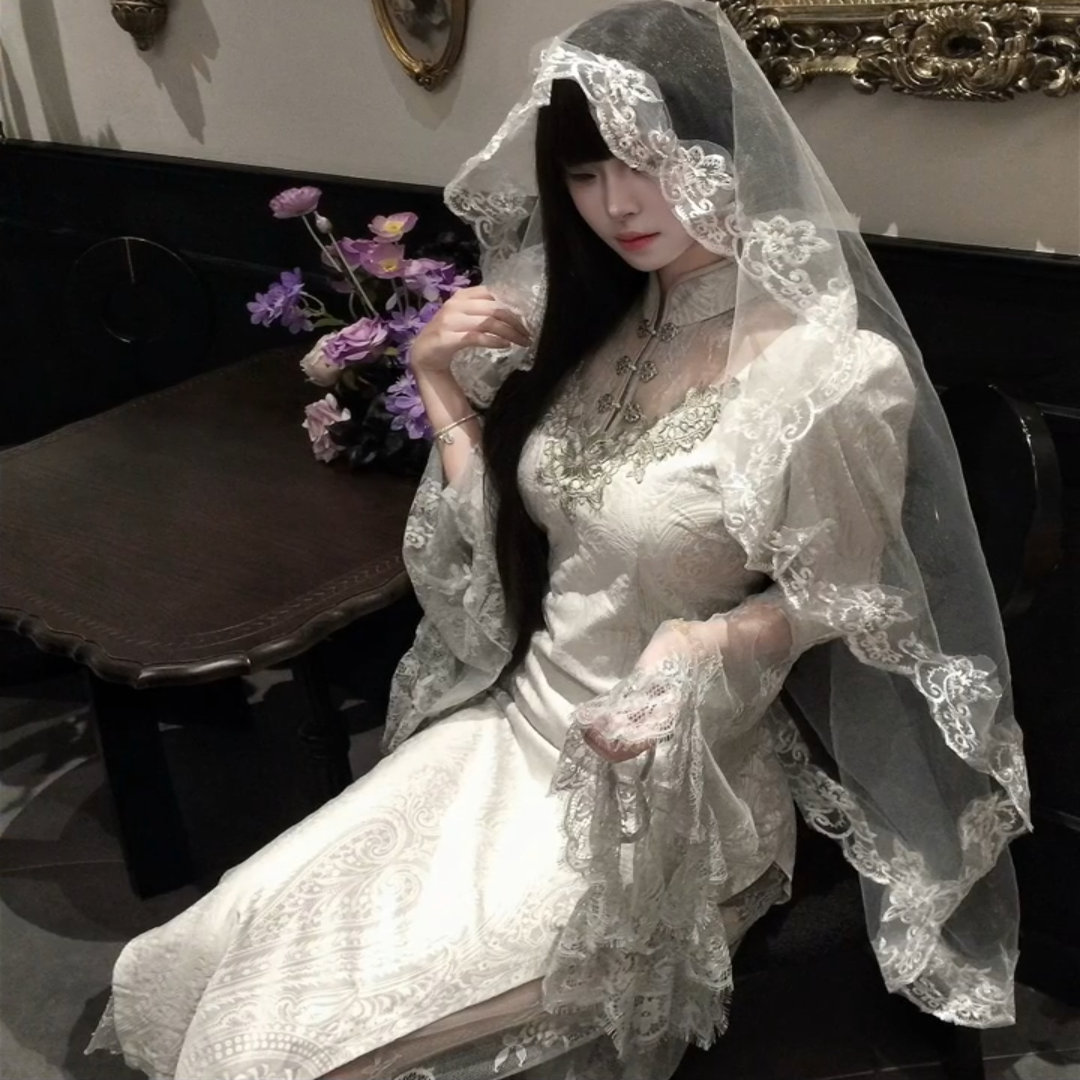 吸血鬼新娘头纱蕾丝万圣节白色头饰cos圣母玛利亚哥特风花嫁女巫