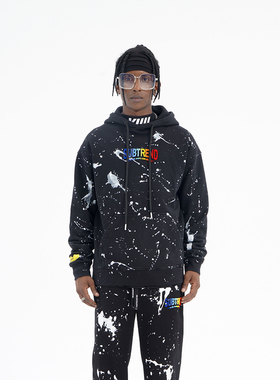 意大利SUBTREND秋季新款潮酷成衣泼漆黑色连帽卫衣S3FU05110