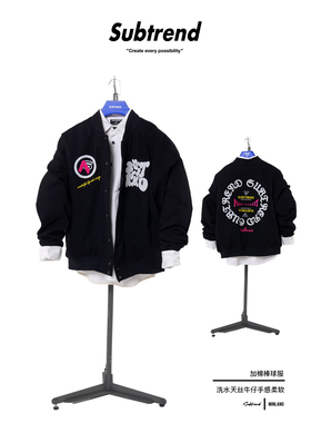 SUBTRED秋冬加棉牛仔棒球服精致立体绣花阔型外套百搭