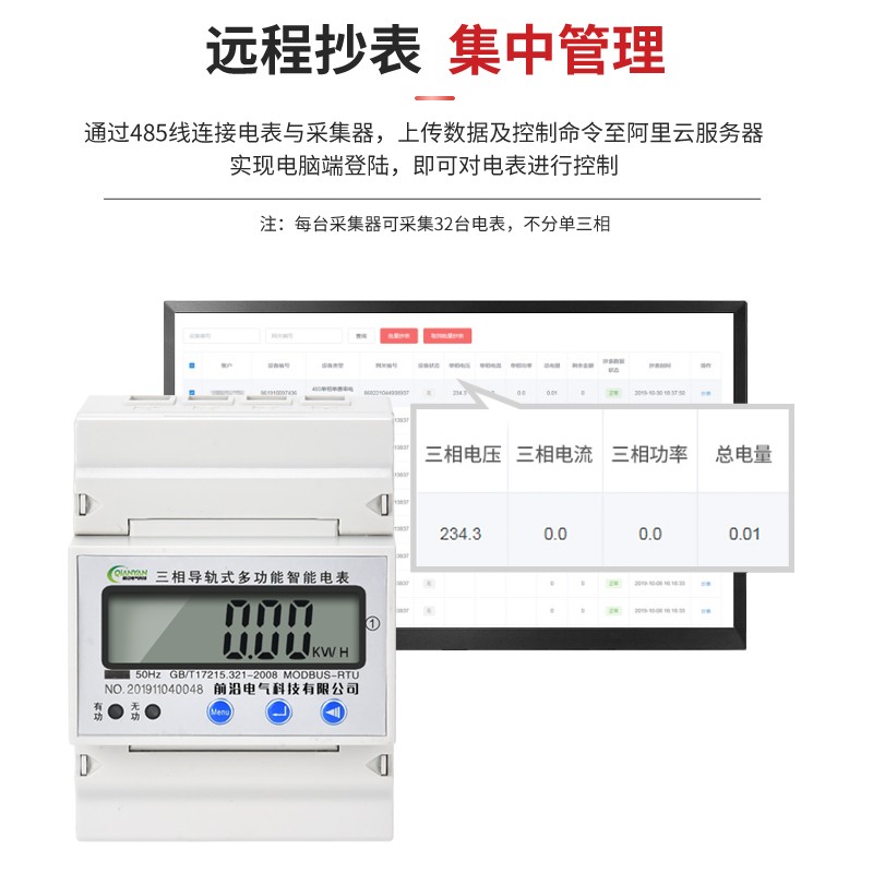 4P三相卡导轨电能微型电流电压计量RS485通讯远程抄电量度表380V