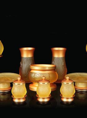 七彩莲花杯台湾纯铜琉璃供佛套装佛前供水果盘香炉