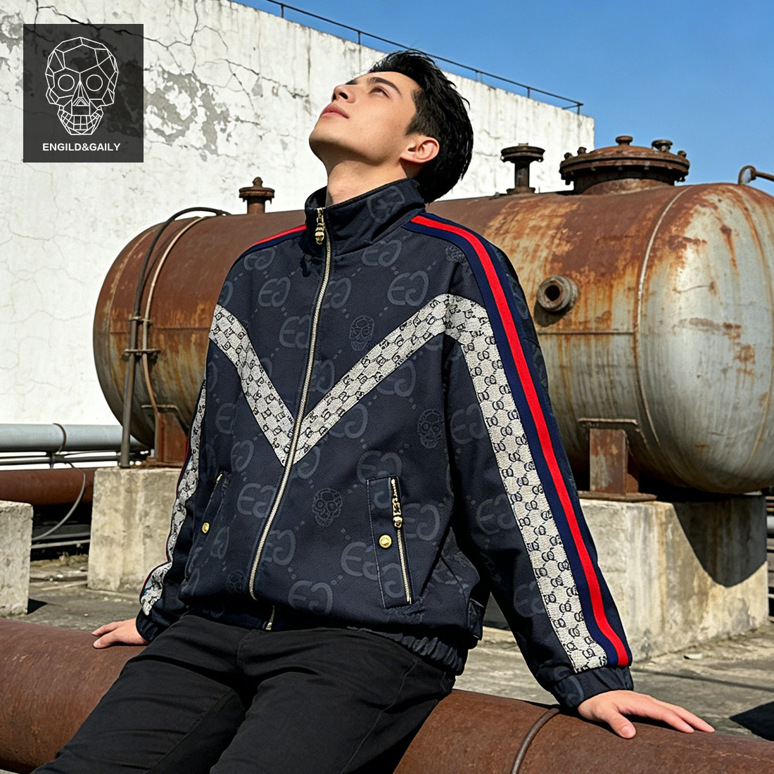 金刚铁甲骷髅头原创潮牌男士外套宽松休闲翻领上衣百搭拉链夹克