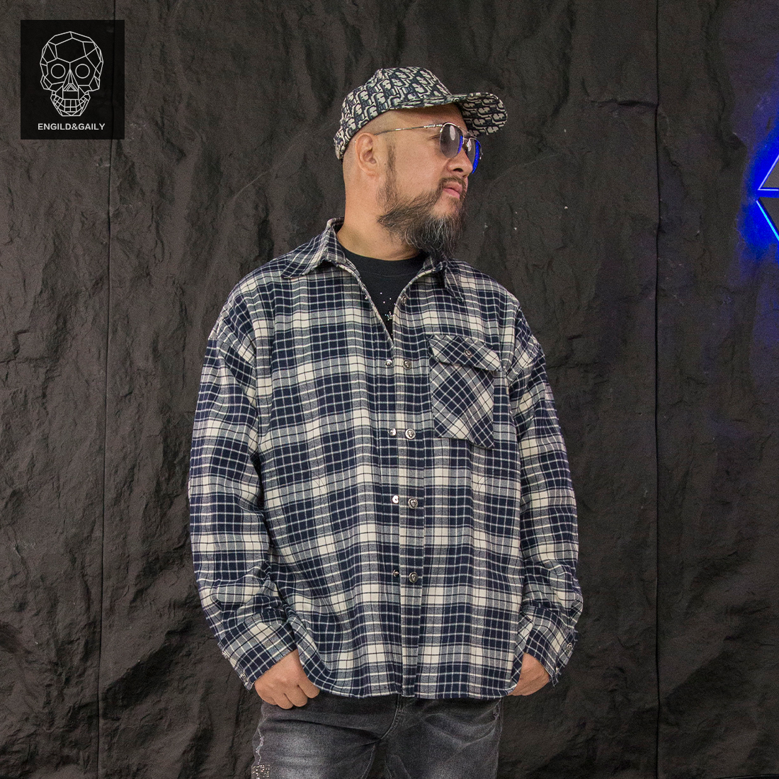 金刚铁甲骷髅头格子衬衫男士外套2025新款衬衣复古宽松衬衫