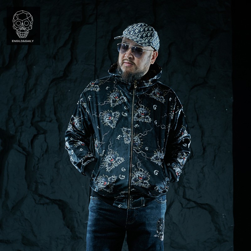金刚铁甲骷髅头原创潮牌拉链连帽豹子头印花外套夹克男亮面棒球服