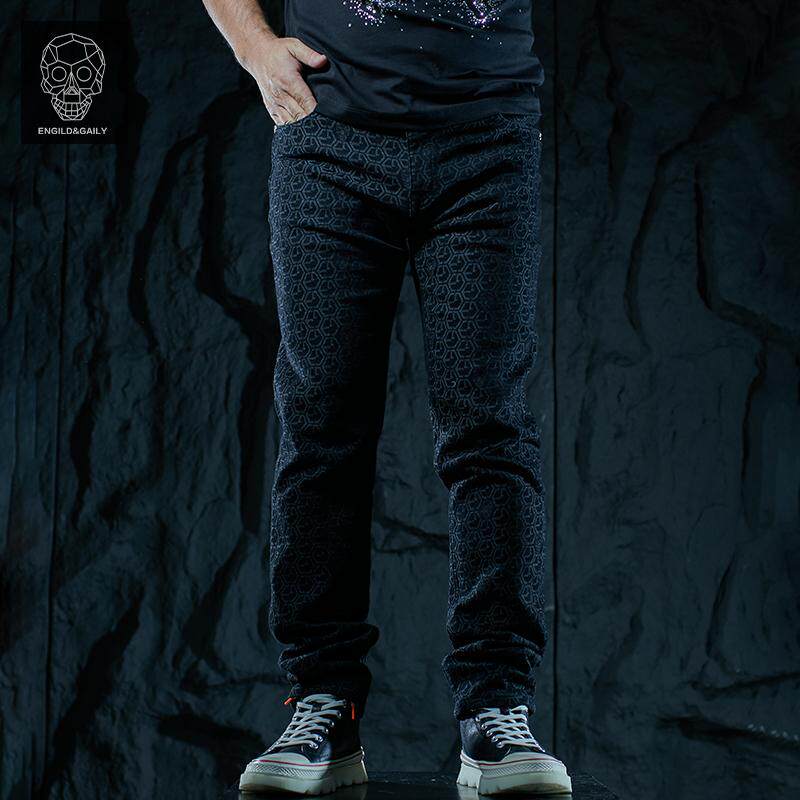 金刚铁甲骷髅头潮牌原创美式复古痞帅黑色个性印花牛仔直筒长裤男