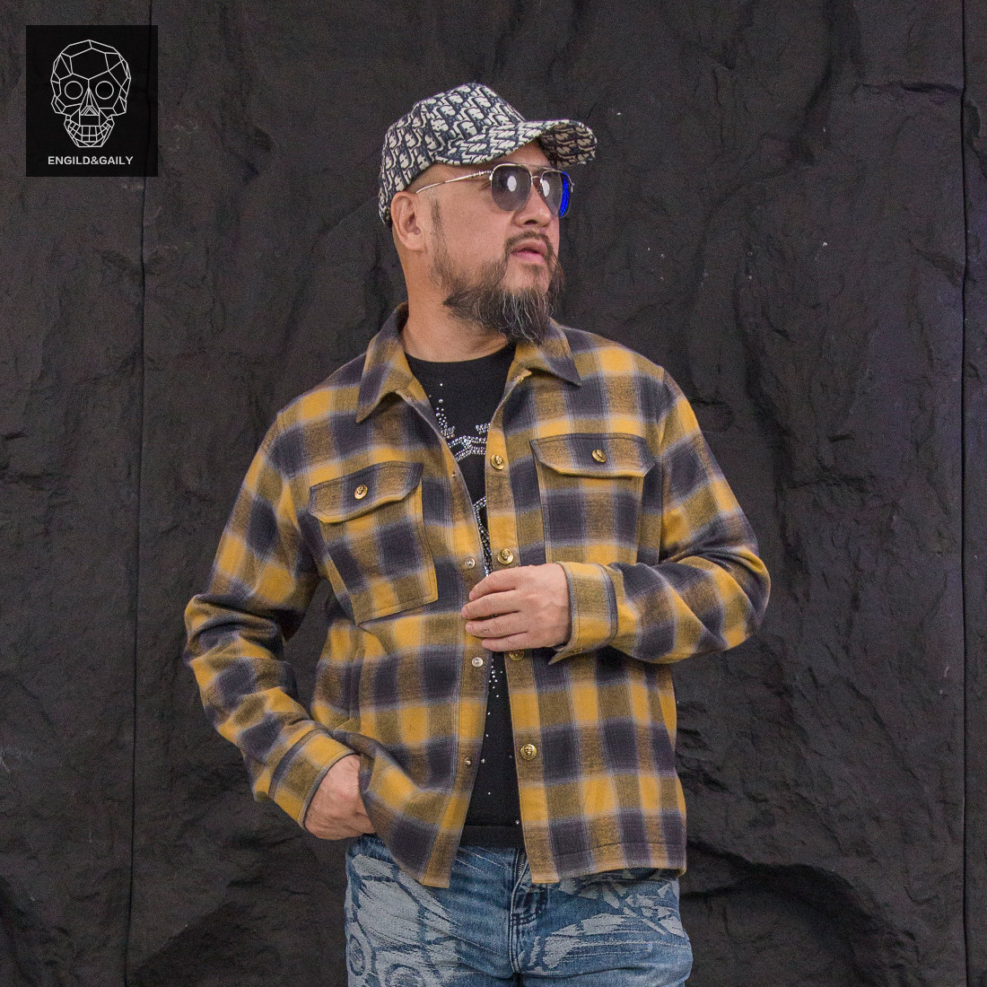 金刚铁甲骷髅头潮牌重工衬衫上衣格子衫男士外套新款衬衣