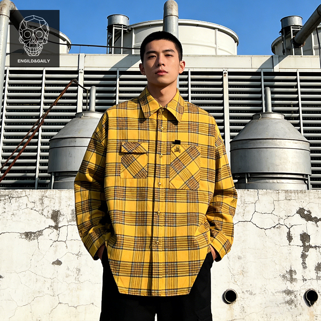 金刚铁甲骷髅头原创潮牌重工格子宽松衬衫上衣衬衣复古百搭外套男