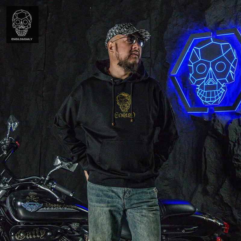 金刚铁甲骷髅头国潮个性赛博朋克印花烫金天使翅膀印花连帽卫衣男