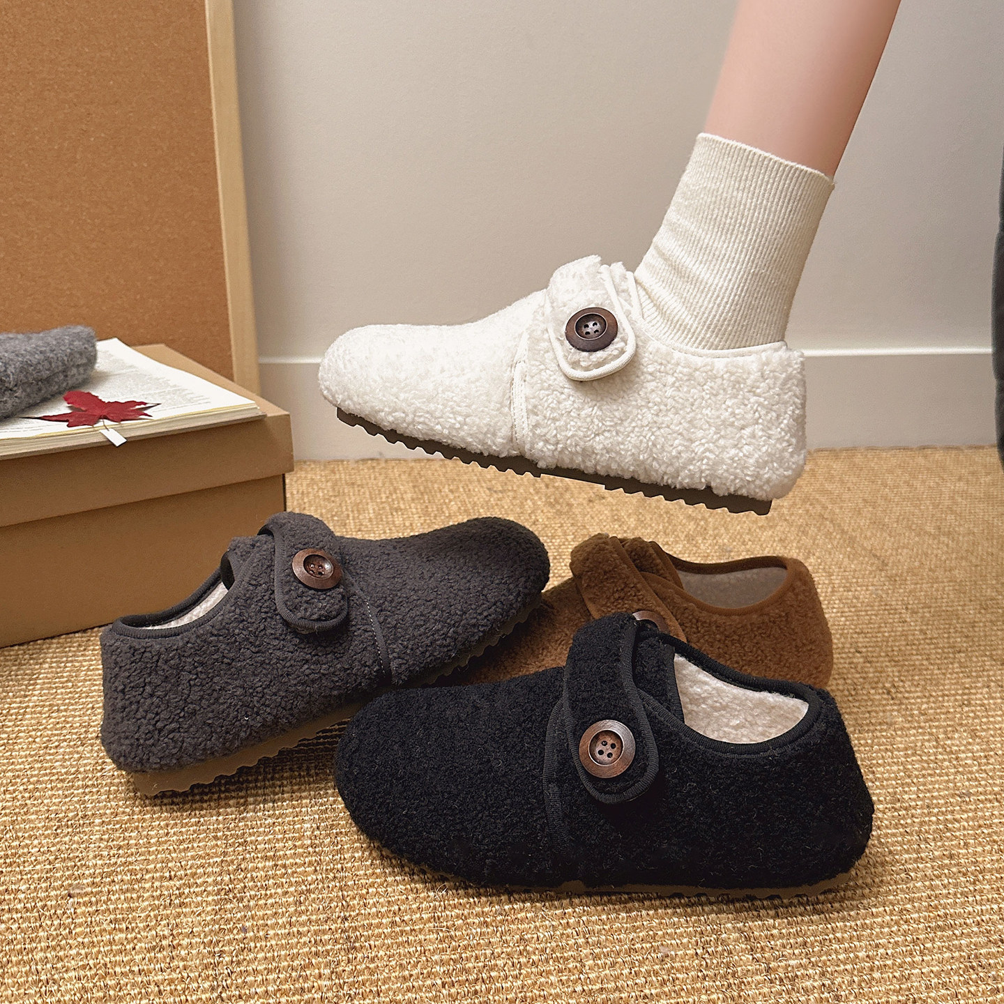 复古加绒毛毛勃肯鞋女秋冬新款魔术贴平底保暖豆豆鞋毛绒玛丽珍鞋,女鞋,乐福鞋（豆豆鞋）,淘宝优惠券,粉丝福利购,淘宝优惠卷