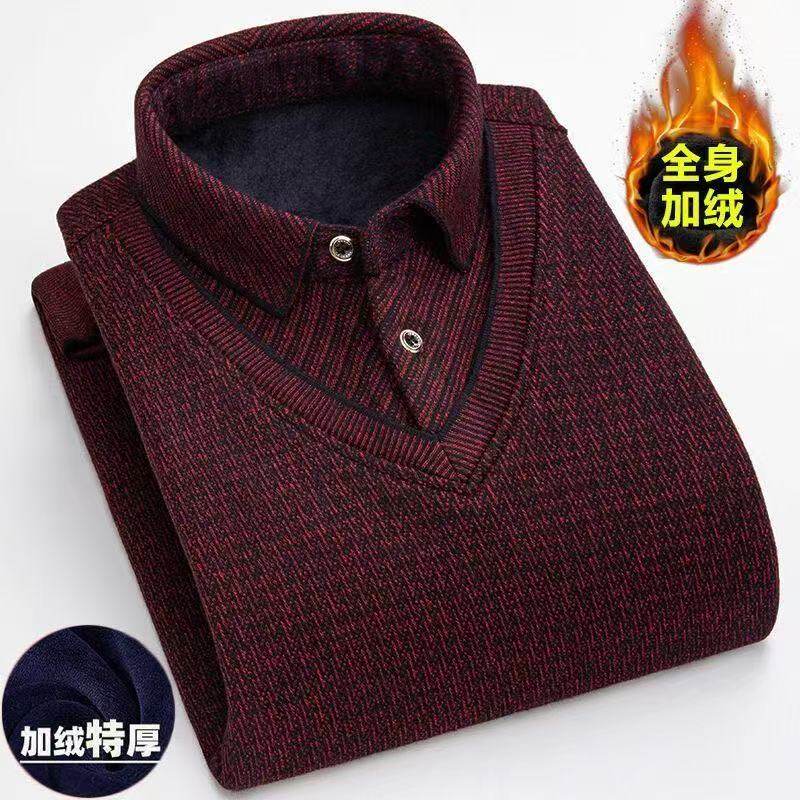 加绒加厚假两件针织衫中