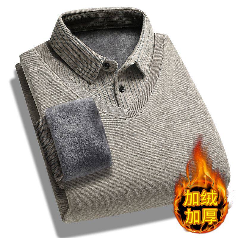 加绒加厚假两件冬毛衣男