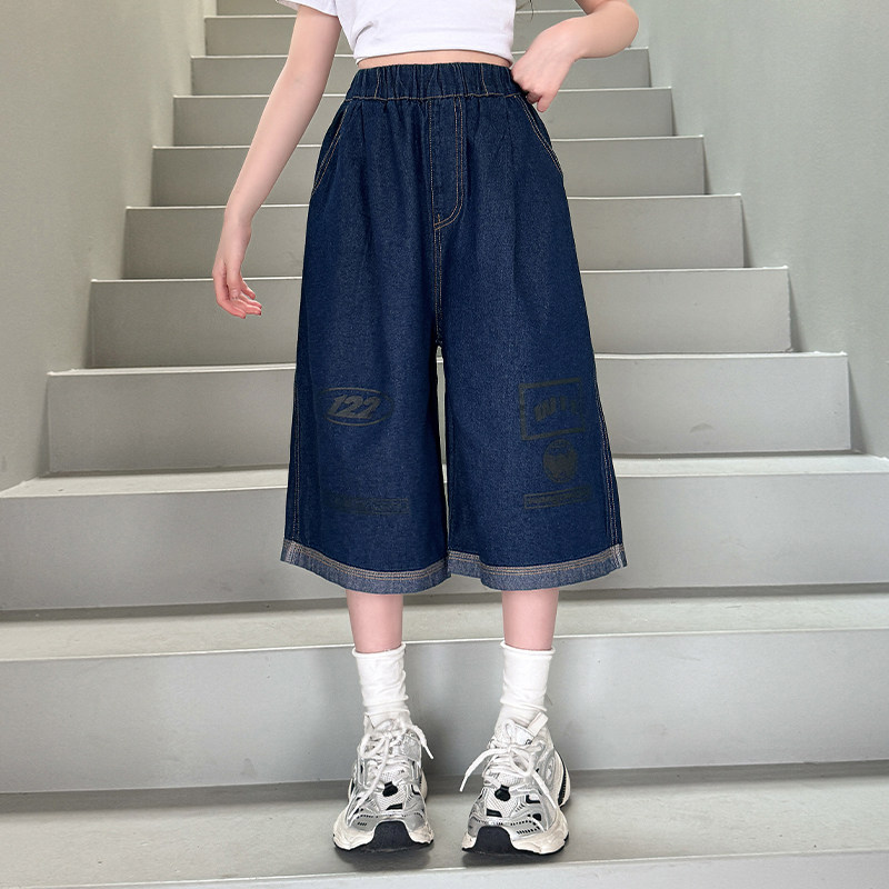 女童牛仔七分裤2025夏季新款薄款韩版潮牌宽松中大童设计感阔腿裤
