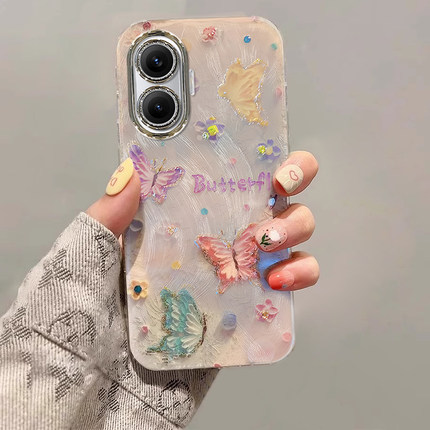 适用油画蝴蝶红米turbo4pro手机壳turbo3电镀redmi羽纱全包防摔保护套新款少女心爆款专用新品创意镜头膜小众