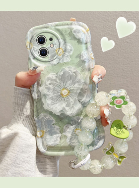 适用于苹果11手机壳新款女iPhone11Promax全包硅胶软壳ip11绿色油画花朵ins日韩风11Pro不会撞壳的防摔保护套
