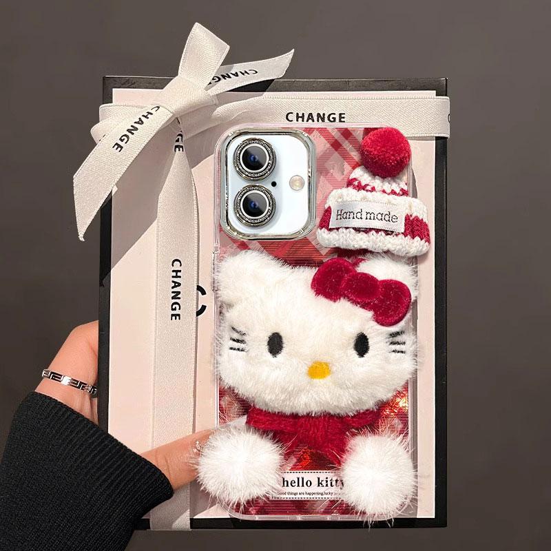 适用苹果16手机壳iPhone15Promax新女款ip14精孔13冰川纹12防摔保护套11卡通创意8plus硬壳6s二代SE2毛绒猫咪