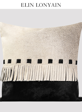 ELIN LONYAIN现代轻奢黑灰色马毛流苏靠垫抱枕样板房沙发方枕腰枕