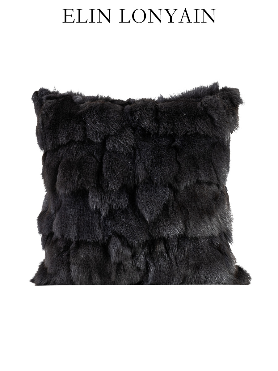 珑衍家居现代简约轻奢黑灰色狐狸毛靠垫抱枕样板房客厅沙发方枕
