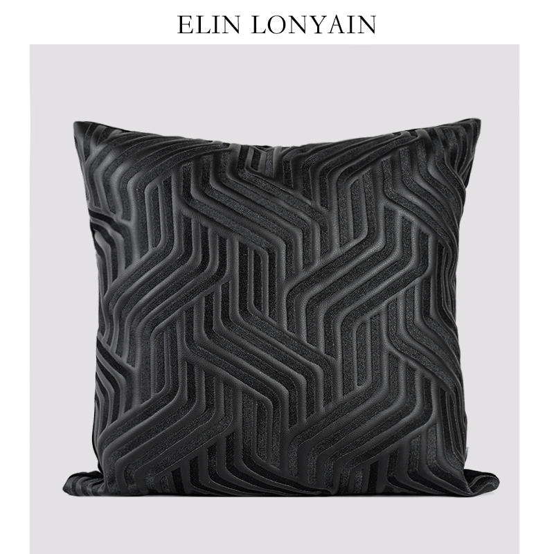 珑衍家居黑色皮质几何肌理绗缝刺绣靠垫抱枕样板房客厅沙发方枕