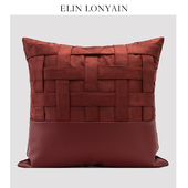 ELIN LONYAIN圣诞新年红酒红色皮质编织拼接靠垫抱枕客厅沙发方枕