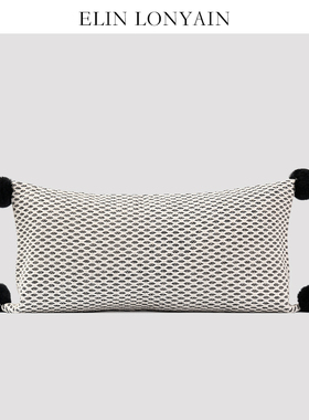 ELIN LONYAIN现代简约轻奢黑白抽象肌理兔毛球装饰靠垫抱枕长腰枕