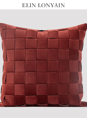 ELIN LONYAIN现代简约新年红色绒面编织靠垫抱枕样板房沙发方枕