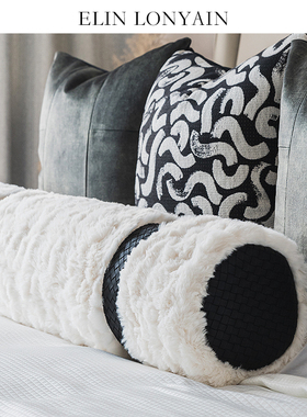 ELIN LONYAIN现代简约轻奢白色仿兔毛黑色皮质编织滚枕样板房抱枕