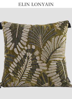 珑衍家居简约侘寂绿色绒面树叶绣花靠垫抱枕样板房沙发流苏方枕