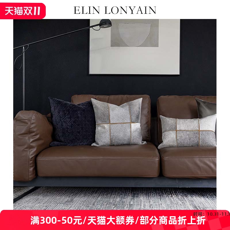 ELIN LONYAIN现代简约轻奢灰色样板房沙发搭配抱枕灰色金色扣方枕