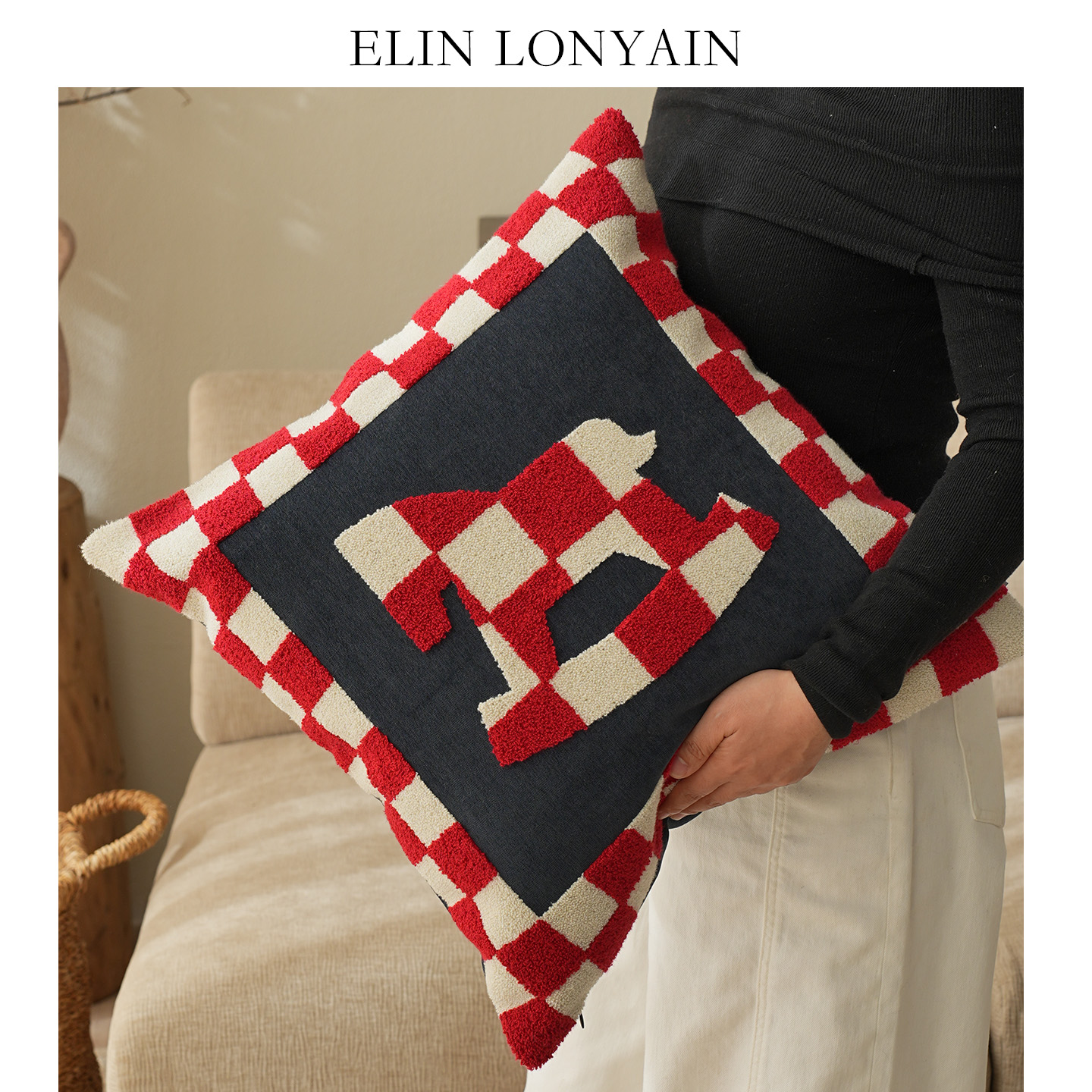 红黑色棋盘格簇绒靠垫抱枕方枕