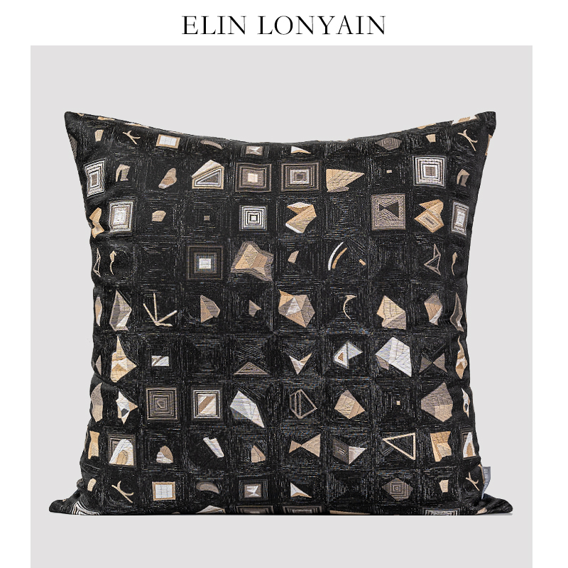 ELINLONYAIN黑灰金几何提花抱枕