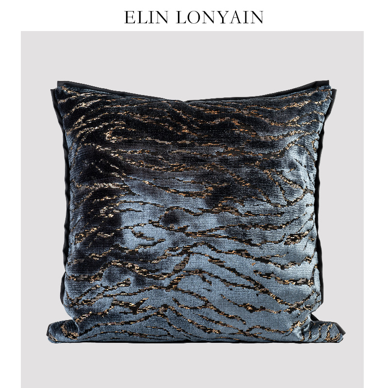 蓝色进口割绒黑色皮质包边抱枕