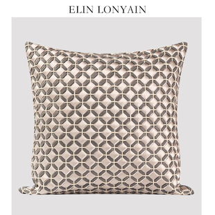 LONYAIN现代简约轻奢灰色麂皮绒银色皮质编织靠垫样板房抱枕 ELIN