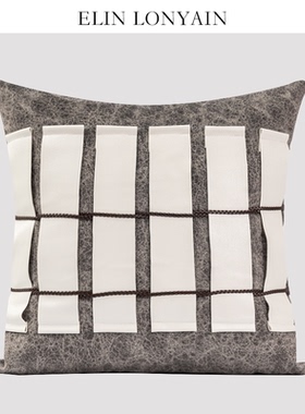 ELIN LONYAIN现代轻奢灰色绒面白色皮质拼接靠垫抱枕样板房方枕