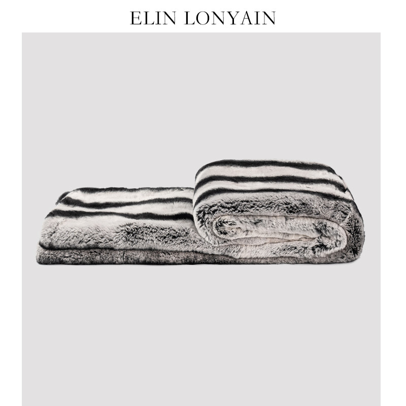 ELIN LONYAIN现代简约轻奢黑灰色条纹獭兔毛搭毯样板房床尾毯披毯
