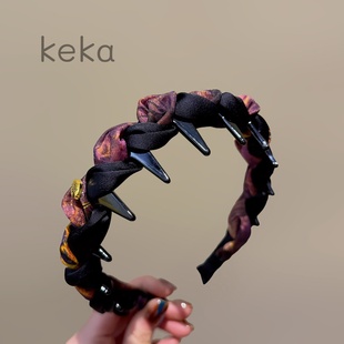 新中式墨紫麒麟香云纱头箍浮光锦印花面料小众原创头箍高级感发卡