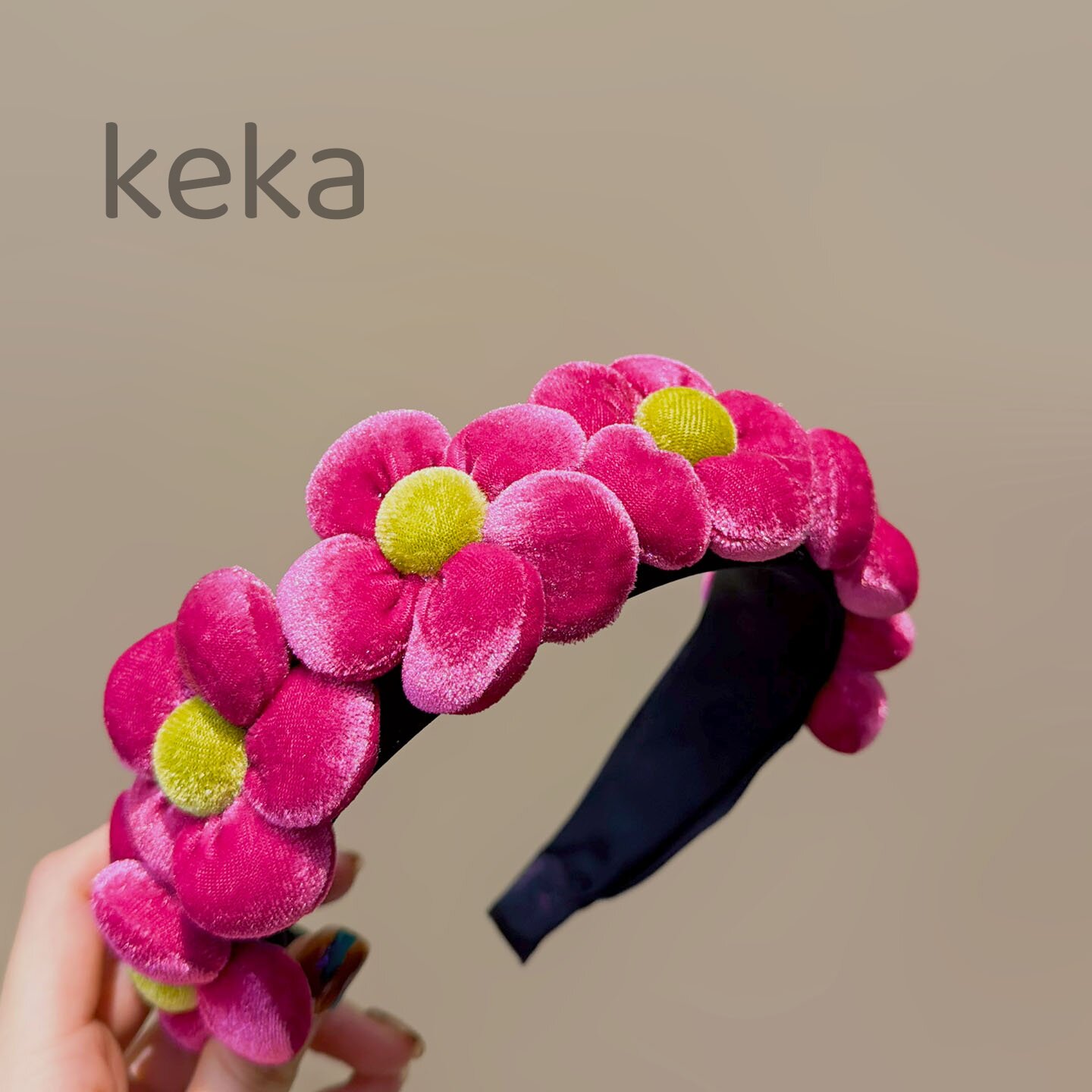 玫红色丝绒花朵宽发箍 立体植绒小花头箍 甜美氛围感秋冬发饰