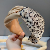 韩式 复古发饰宽边透明豹纹网纱拼接交叉头箍外出百搭碎发压发发箍