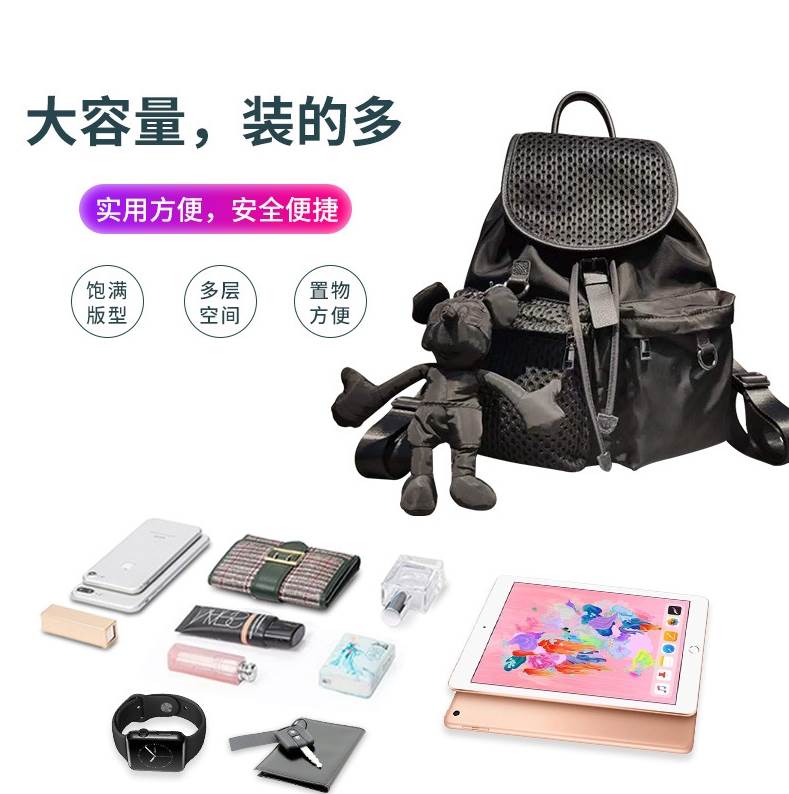 欧美时尚牛仔布复古女士双肩包抽绳翻盖背包实用多口袋包包带挂饰
